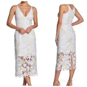 Dress The Population AURORA formal midi dress floral lace overlay plunge neckS/M